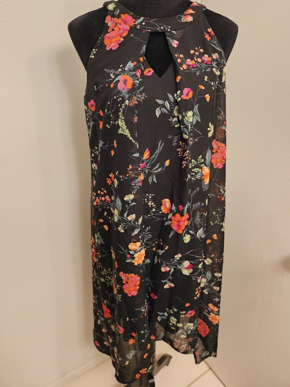 AB Studio Black Floral Chiffon Keyhole Shift Dress M